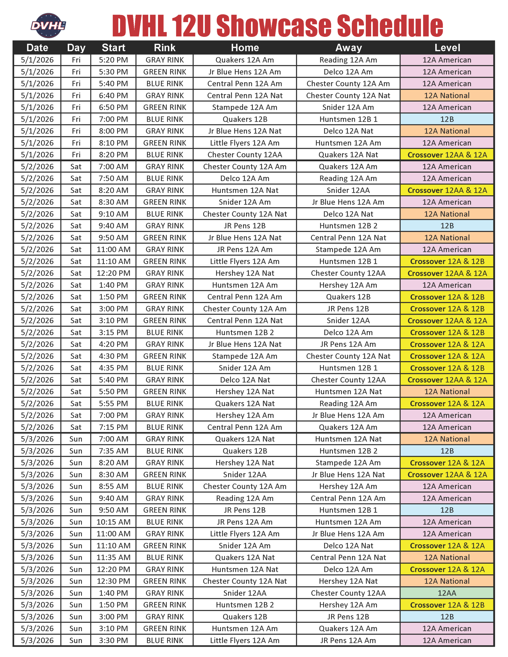 DVHL 12U Showcase Schedule